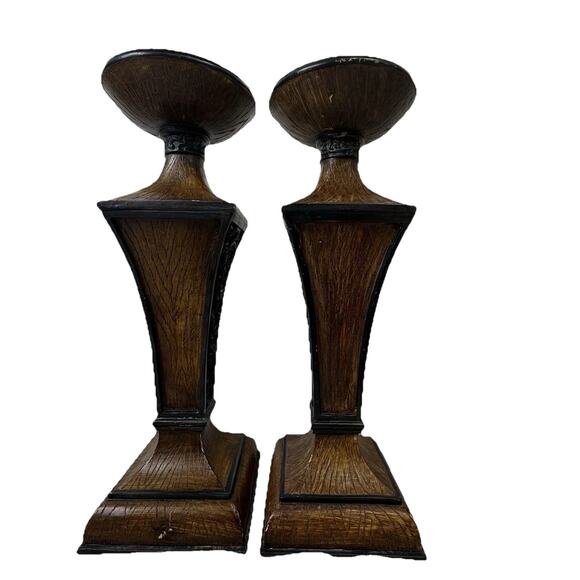 Set 2 Rustic Resin Dark Wood Pattern Pillar Candle Holders 11 Inch Ornate Metal - Picture 2 of 14